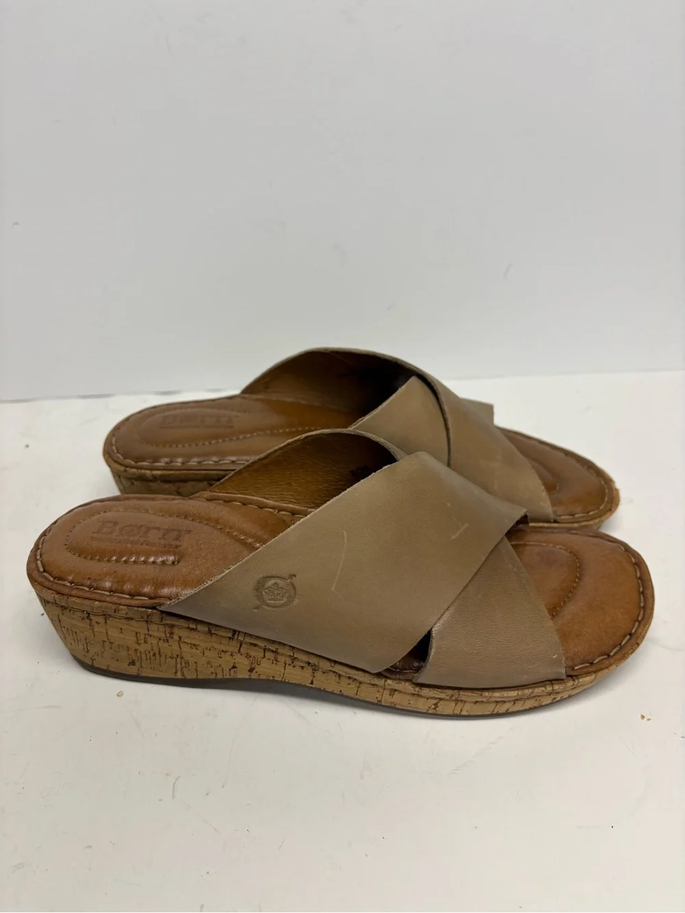 Born Women's Tan Cork Wedge Slide Sandals Leather Size 8